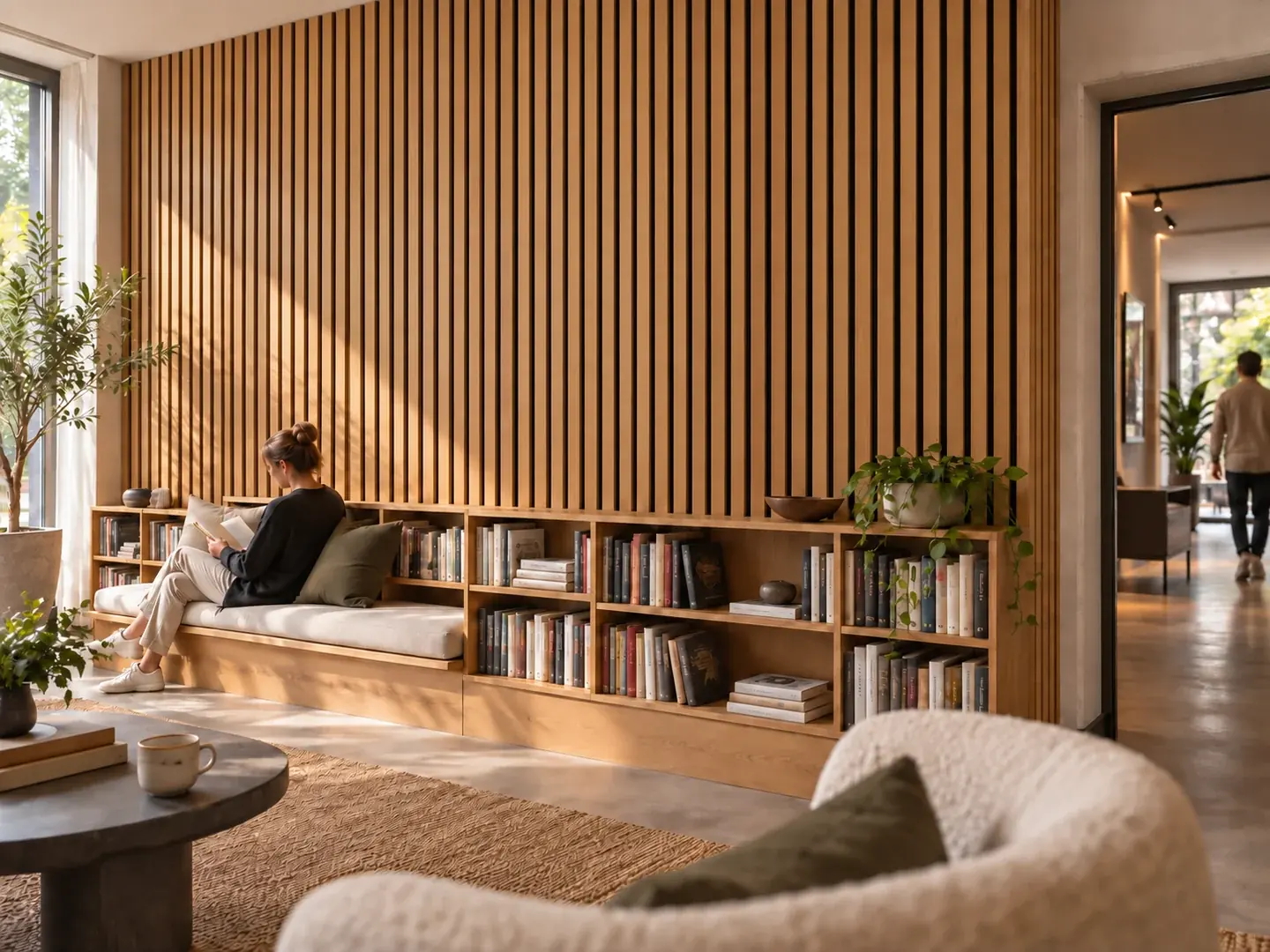 Interior concept with Oak Oil rigid acoustic slat panels and people