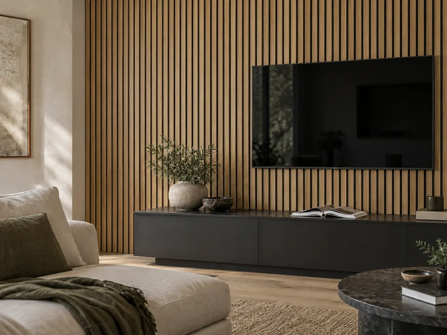Illustrative interior with a natural oak slat wall, low TV cabinet and pale sofa