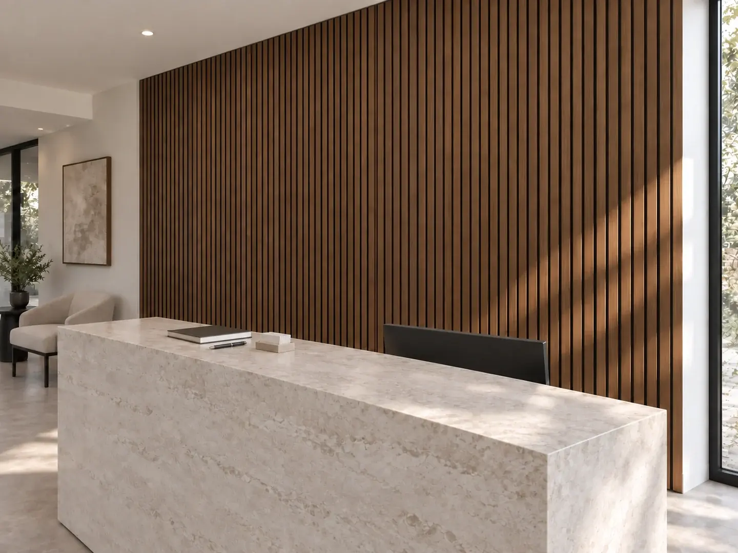 Reception interior with dark brown natural Walnut Oil slat panels