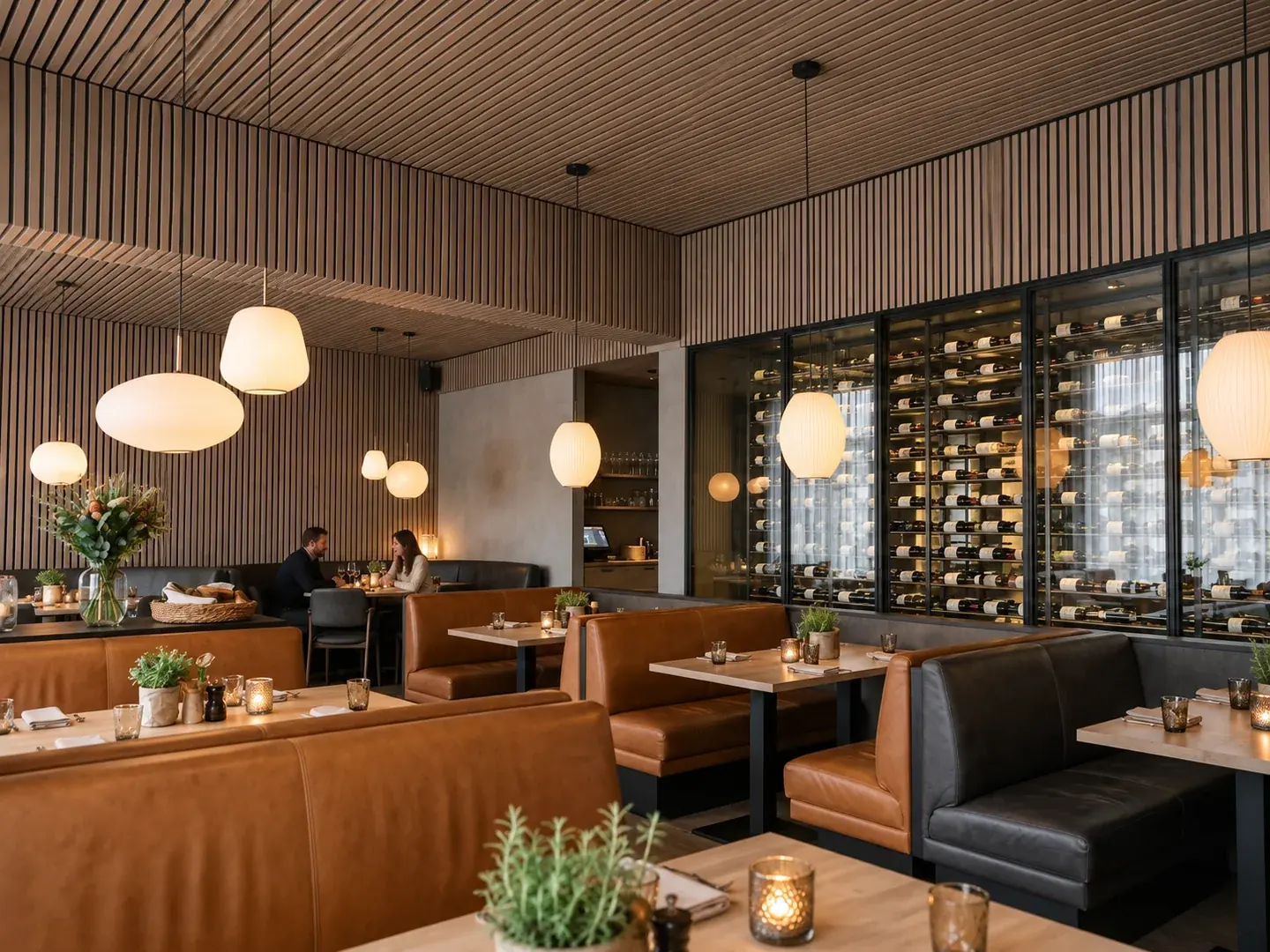 Interior concept with Natural Walnut rigid acoustic slat panels and people